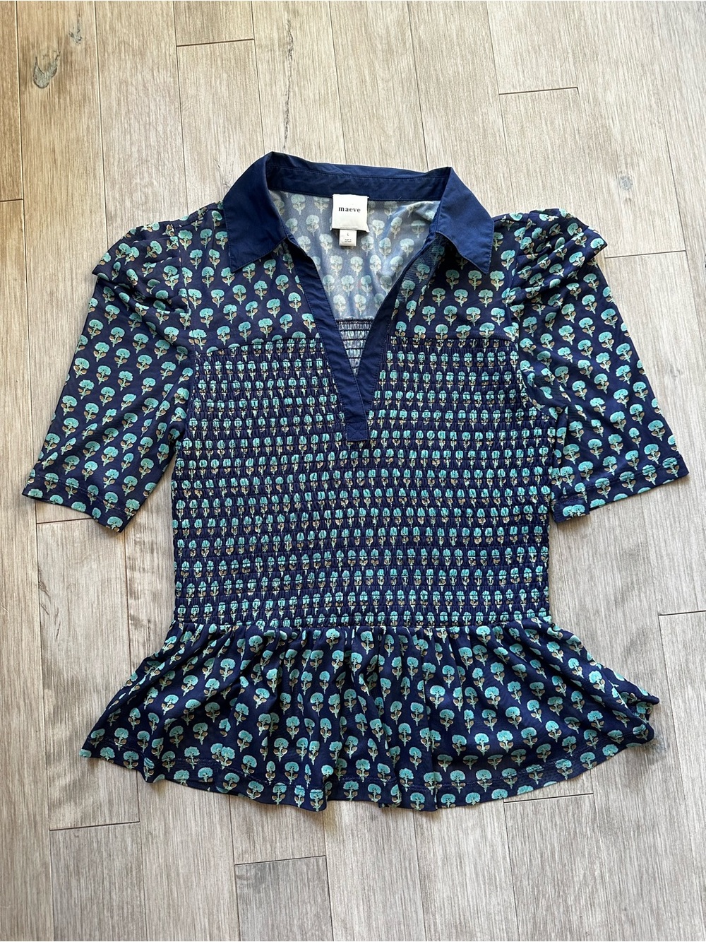 Maeve Anthropologie Short Sleeve‎ Smocked Polo Top Blue Navy Size Large